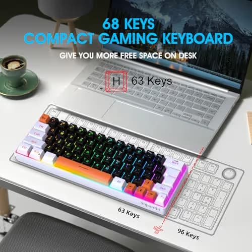 Snpurdiri 60 Percent Wired Gaming Keyboard, 63 Keys RGB Backlit Small Gaming Keyboard for PC, Gamer, Typist, Travel, Easy to Carry on Business Trip(Black-White-Orange) image