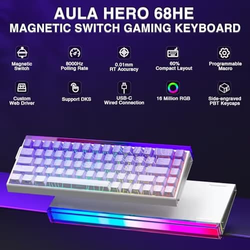 AULA Hero 68 HE 60% Gaming Keyboard Wired, Hall Effect Magnetic Switch Keyboard with Adjustable Actuation, Fast Trigger Mode, 8K Hz Polling Rate, 0.125ms Latency,Side Printed PBT Keycaps, RGB Backlit image
