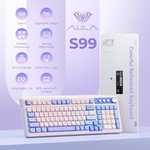 AULA 99 Key Keyboard, Tri-Mode Bluetooth/2.4GHz/USB-C Cute Creamy Gaming Keyboard with Number Pad RGB Backlit, Media Knob Custom Mechanical Feel Computer Keyboards for MAC Xbox PC Gamer - Purple image