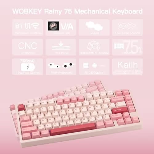 KEEBMONKEY WOBKEY Rainy 75 CNC Aluminum HMX/JWK/Cocoa Switches Triple-Mode Connectivity Mechanical Keyboard with Superior Acoustics, RGB/FR4/Silver SUS304/7000mAh/Cocoa Switch (Pro - Pink) image