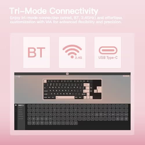 KEEBMONKEY WOBKEY Rainy 75 CNC Aluminum HMX/JWK/Cocoa Switches Triple-Mode Connectivity Mechanical Keyboard with Superior Acoustics, RGB/FR4/Silver SUS304/7000mAh/Cocoa Switch (Pro - Pink) image