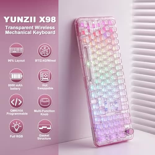YUNZII X98 QMK/VIA Wireless Mechanical Gaming Keyboard with Knob,Tri-Mode BT5.0/USB-C/2.4GHz Hot Swappable Keyboard,Pre-lubed Switches Gasket Mount RGB Backlit for Wins/Mac (Pink, Snow Switch) image