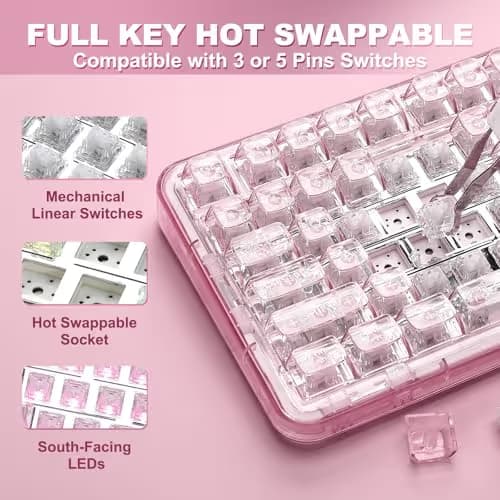 YUNZII X98 QMK/VIA Wireless Mechanical Gaming Keyboard with Knob,Tri-Mode BT5.0/USB-C/2.4GHz Hot Swappable Keyboard,Pre-lubed Switches Gasket Mount RGB Backlit for Wins/Mac (Pink, Snow Switch) image