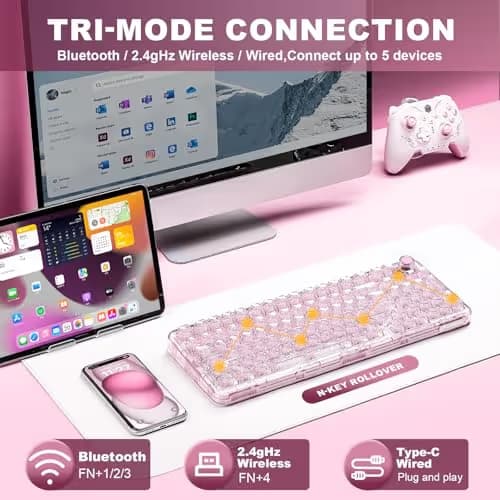 YUNZII X98 QMK/VIA Wireless Mechanical Gaming Keyboard with Knob,Tri-Mode BT5.0/USB-C/2.4GHz Hot Swappable Keyboard,Pre-lubed Switches Gasket Mount RGB Backlit for Wins/Mac (Pink, Snow Switch) image