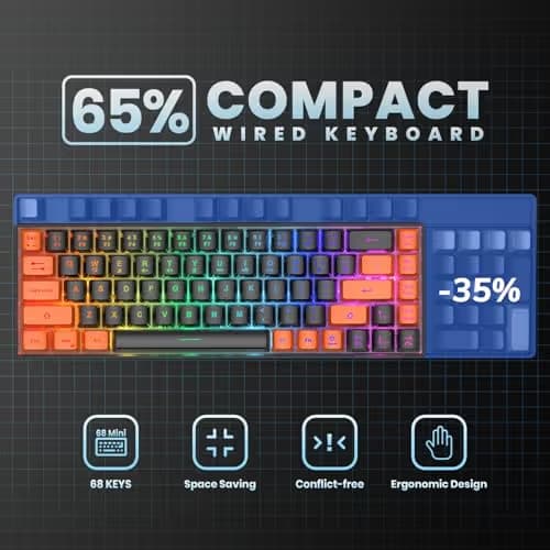 GEODMAER 65% Gaming Keyboard, LED Backlit Mini Wired Keyboard, Ultra-Compact Anti-Ghosting No-Conflict 68 Keys Membrane Gaming Wired Keyboard for PC Laptop Windows Gamer(Black-Orange) image