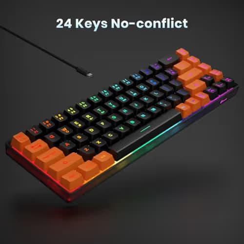 GEODMAER 65% Gaming Keyboard, LED Backlit Mini Wired Keyboard, Ultra-Compact Anti-Ghosting No-Conflict 68 Keys Membrane Gaming Wired Keyboard for PC Laptop Windows Gamer(Black-Orange) image