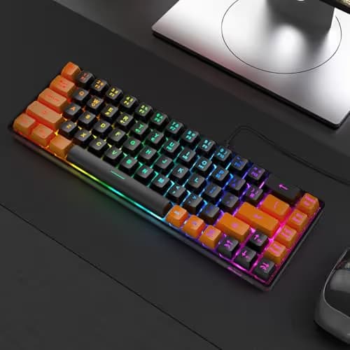 GEODMAER 65% Gaming Keyboard, LED Backlit Mini Wired Keyboard, Ultra-Compact Anti-Ghosting No-Conflict 68 Keys Membrane Gaming Wired Keyboard for PC Laptop Windows Gamer(Black-Orange) image