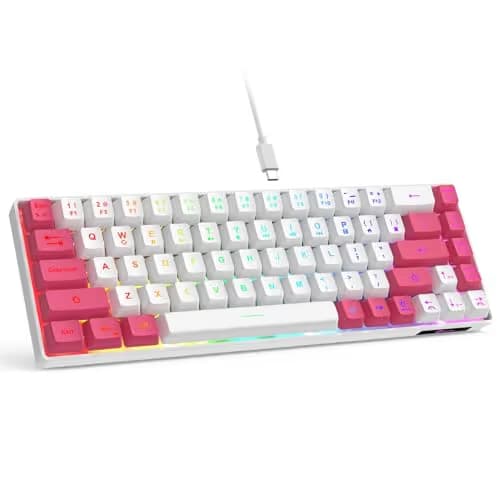 GEODMAER 65% Gaming Keyboard, LED Backlit Mini Wired Keyboard, Ultra-Compact Anti-Ghosting No-Conflict 68 Keys Membrane Gaming Wired Keyboard for PC Laptop Windows Gamer(White-Pink) image