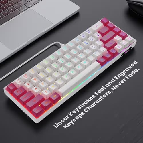 GEODMAER 65% Gaming Keyboard, LED Backlit Mini Wired Keyboard, Ultra-Compact Anti-Ghosting No-Conflict 68 Keys Membrane Gaming Wired Keyboard for PC Laptop Windows Gamer(White-Pink) image
