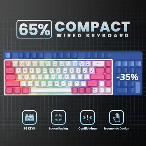 GEODMAER 65% Gaming Keyboard, LED Backlit Mini Wired Keyboard, Ultra-Compact Anti-Ghosting No-Conflict 68 Keys Membrane Gaming Wired Keyboard for PC Laptop Windows Gamer(White-Pink) image