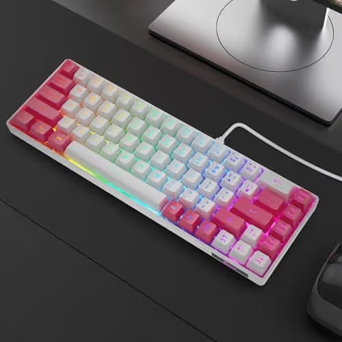GEODMAER 65% Gaming Keyboard, LED Backlit Mini Wired Keyboard, Ultra-Compact Anti-Ghosting No-Conflict 68 Keys Membrane Gaming Wired Keyboard for PC Laptop Windows Gamer(White-Pink) image