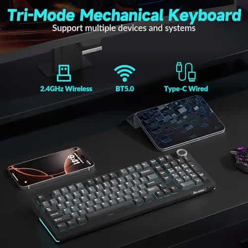 SOLAKAKA KI99 Pro Wireless Mechanical Keyboard Quiet Switch,Hot Swappable Pre-Lubed Switches Silent Keyboard with RGB Backlit,Gasket Structure Computer Gaming Keyboards(BlackBlue, Silent Switch) image