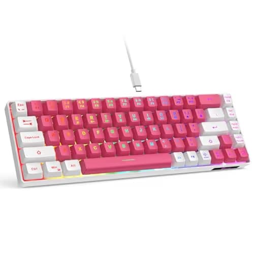 GEODMAER 65% Gaming Keyboard, LED Backlit Mini Wired Keyboard, Ultra-Compact Anti-Ghosting No-Conflict 68 Keys Membrane Gaming Wired Keyboard for PC Laptop Windows Gamer(Pink-White) main image