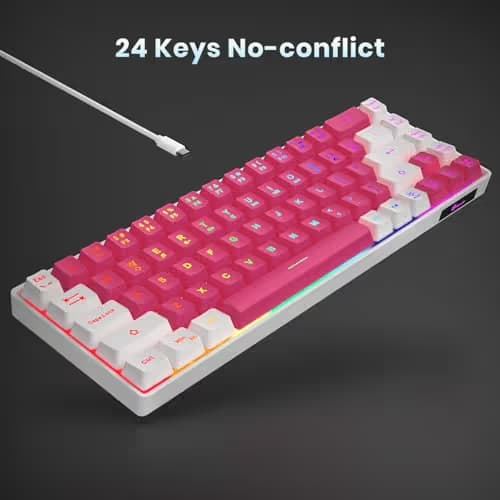 GEODMAER 65% Gaming Keyboard, LED Backlit Mini Wired Keyboard, Ultra-Compact Anti-Ghosting No-Conflict 68 Keys Membrane Gaming Wired Keyboard for PC Laptop Windows Gamer(Pink-White) image