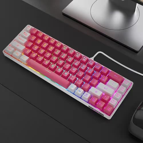 GEODMAER 65% Gaming Keyboard, LED Backlit Mini Wired Keyboard, Ultra-Compact Anti-Ghosting No-Conflict 68 Keys Membrane Gaming Wired Keyboard for PC Laptop Windows Gamer(Pink-White) image