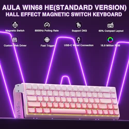 AULA WIN68 HE Mechanical Gaming Keyboard 60%, Hall Effect Magnetic Switch, Fast Trigger Mode Adjustable Actuation, 8000Hz Polling Rate, RGB Backlit, Wired Pink Keyboard for Laptop/PC Gamer image
