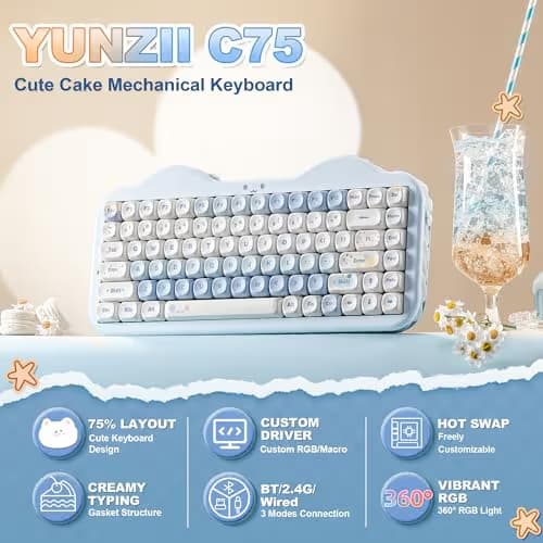 YUNZII C75 Wireless Mechanical Keyboard,75% Layout, Hot-Swappable NKRO,BT5.0/2.4G/USB-C Mode,Dye-Sub PBT MOA Keycaps,RGB Gasket Mount,Cute Cake Design for Mac/Win/Gaming (Blue, Milk V2 Switch) image