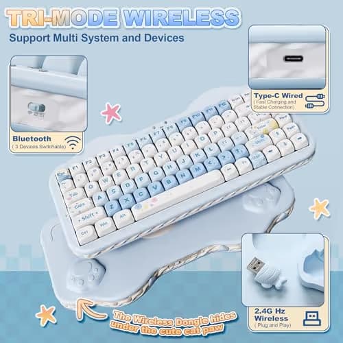 YUNZII C75 Wireless Mechanical Keyboard,75% Layout, Hot-Swappable NKRO,BT5.0/2.4G/USB-C Mode,Dye-Sub PBT MOA Keycaps,RGB Gasket Mount,Cute Cake Design for Mac/Win/Gaming (Blue, Milk V2 Switch) image