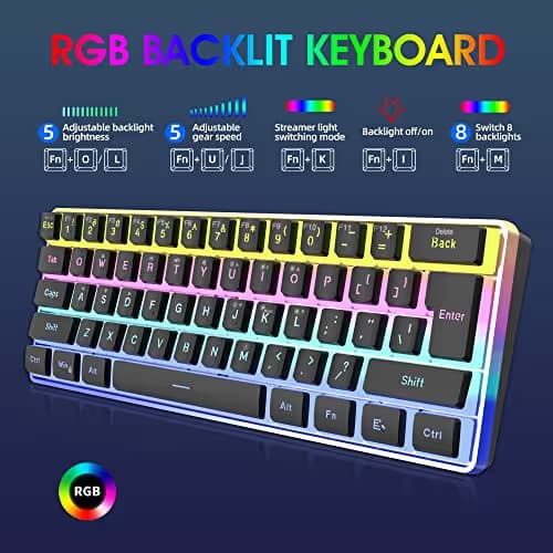 Snpurdiri 60% Wired Gaming Keyboard, Pudding Keycaps with Translucent Layer,RGB Ultra-Compact Mini Keyboards, Waterproof Small 61 Keys Keyboard for Office/Gaming(Black) image
