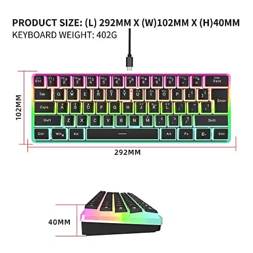 Snpurdiri 60% Wired Gaming Keyboard, Pudding Keycaps with Translucent Layer,RGB Ultra-Compact Mini Keyboards, Waterproof Small 61 Keys Keyboard for Office/Gaming(Black) image
