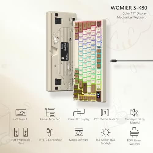 Womier SK80 Retro 75% Keyboard with Color Multimedia Display Mechanical Gaming Keyboard, Hot Swappable Gasket Mount RGB Custom Key Board, Pre-lubed Stabilizer for Mac/Win,Coffee Cat image