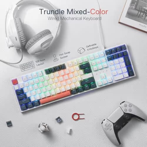 Redragon K668 RGB Gaming Keyboard, 108 Keys Wired Mechanical Keyboard w/Extra 4 Hotkeys, Sound Absorbing Foams, Upgraded Hot-swappable Socket, Mixed Color Keycaps x 2 Sets, Red Switch image