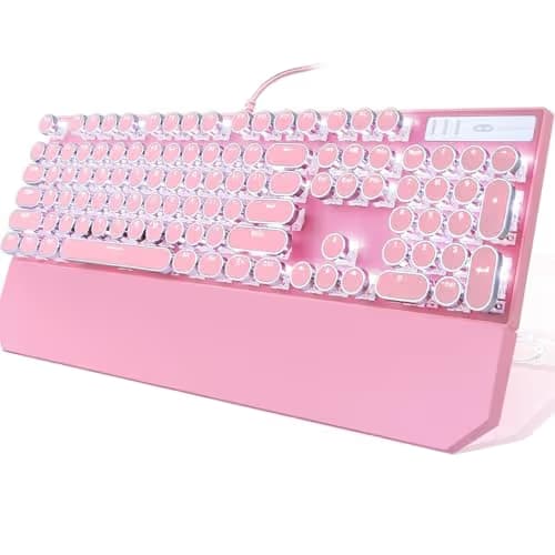 Camiysn Typewriter Style Mechanical Gaming Keyboard, Pink Retro Punk Gaming Keyboard with White Backlit, 104 Keys Blue Switch Wired Cute Keyboards, Round Keycaps for Windows/Mac/PC main image