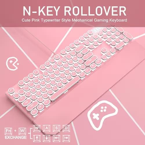 Camiysn Typewriter Style Mechanical Gaming Keyboard, Pink Retro Punk Gaming Keyboard with White Backlit, 104 Keys Blue Switch Wired Cute Keyboards, Round Keycaps for Windows/Mac/PC image