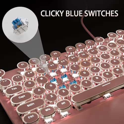 Camiysn Typewriter Style Mechanical Gaming Keyboard, Pink Retro Punk Gaming Keyboard with White Backlit, 104 Keys Blue Switch Wired Cute Keyboards, Round Keycaps for Windows/Mac/PC image