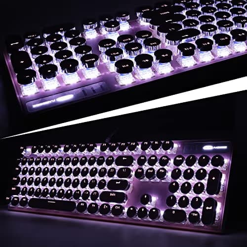Camiysn Typewriter Style Mechanical Gaming Keyboard, Pink Retro Punk Gaming Keyboard with White Backlit, 104 Keys Blue Switch Wired Cute Keyboards, Round Keycaps for Windows/Mac/PC image