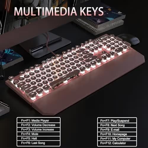 Camiysn Typewriter Style Mechanical Gaming Keyboard, Pink Retro Punk Gaming Keyboard with White Backlit, 104 Keys Blue Switch Wired Cute Keyboards, Round Keycaps for Windows/Mac/PC image
