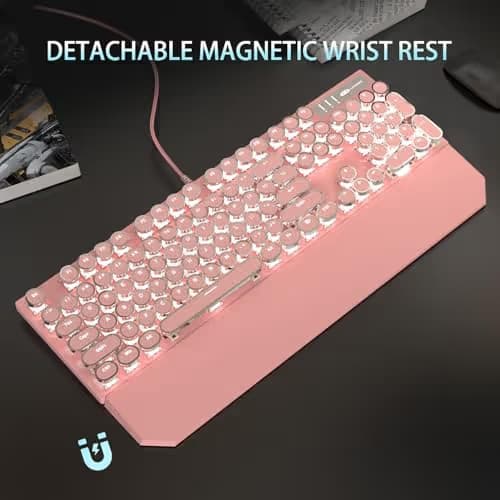 Camiysn Typewriter Style Mechanical Gaming Keyboard, Pink Retro Punk Gaming Keyboard with White Backlit, 104 Keys Blue Switch Wired Cute Keyboards, Round Keycaps for Windows/Mac/PC image