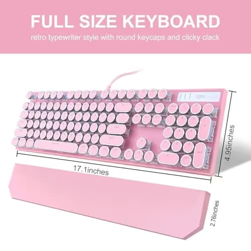 Camiysn Typewriter Style Mechanical Gaming Keyboard, Pink Retro Punk Gaming Keyboard with White Backlit, 104 Keys Blue Switch Wired Cute Keyboards, Round Keycaps for Windows/Mac/PC image