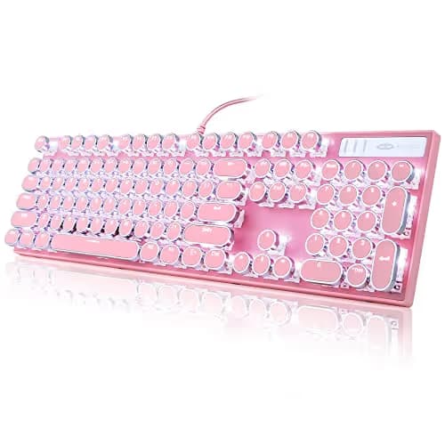 Camiysn Typewriter Style Mechanical Gaming Keyboard, Pink Retro Punk Gaming Keyboard with White Backlit, 104 Keys Blue Switch Wired Cute Keyboards, Round Keycaps for Windows/Mac/PC image