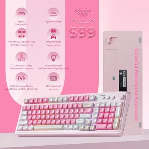 AULA S99 Gaming Keyboard, Wireless Computer Keyboards, Tri-Mode Bluetooth Creamy Custom Keyboard with Number Pad, RGB Backlit Media Knob Cute Programmable Keyboard for PC Gamer - Gradient Blue image