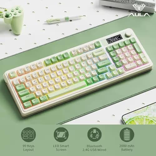AULA S99 Pro Wireless Keyboard, Display Screen & Media Knob, Tri-Mode Bluetooth/2.4G/USB-C RGB Creamy Gaming Keyboard with Number Pad Macro Keys, Custom Computer Keyboards for Laptop PC Gamer - Green image