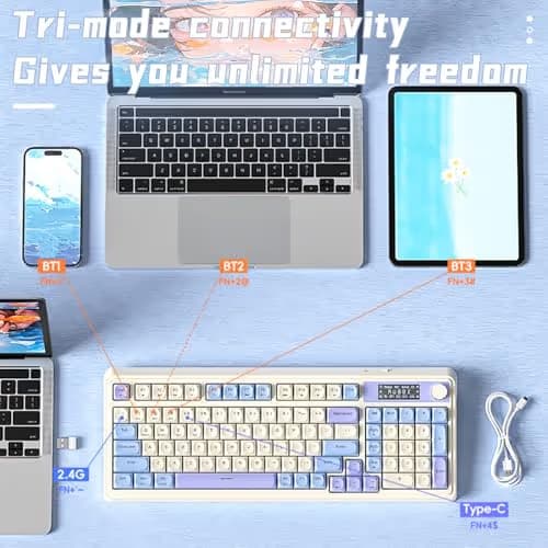AULA S99 Pro Wireless Keyboard, Display Screen & Media Knob, Tri-Mode Bluetooth/2.4G/USB-C RGB Creamy Gaming Keyboard with Number Pad Macro Keys, Custom Computer Keyboards for Laptop PC Gamer - Green image