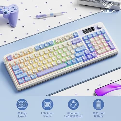 AULA S99 Pro Gaming Keyboard, Cute Creamy Keyboard with Number Pad Smart Screen, Tri-Mode Bluetooth/2.4G/USB-C Computer Keyboards, Media Knob Custom RGB Backlit Feel for MAC Xbox PC Gamer - Purple image