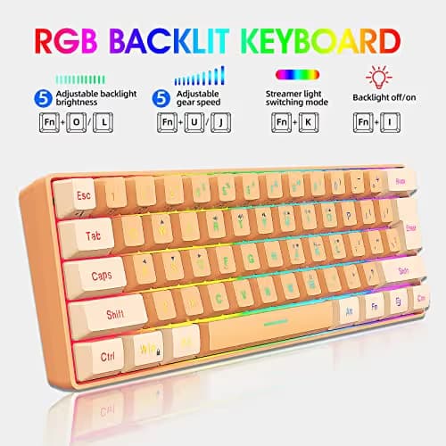 Snpurdiri 60% Wired Gaming Keyboard, RGB Backlit Ultra-Compact Mini Gaming Keyboard for PC/Mac Gamer, Typist, Travel (Cream and Orange) image