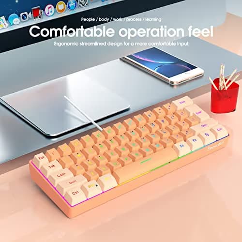 Snpurdiri 60% Wired Gaming Keyboard, RGB Backlit Ultra-Compact Mini Gaming Keyboard for PC/Mac Gamer, Typist, Travel (Cream and Orange) image