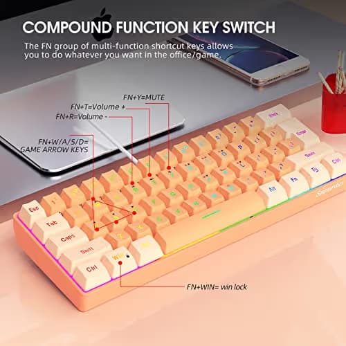 Snpurdiri 60% Wired Gaming Keyboard, RGB Backlit Ultra-Compact Mini Gaming Keyboard for PC/Mac Gamer, Typist, Travel (Cream and Orange) image