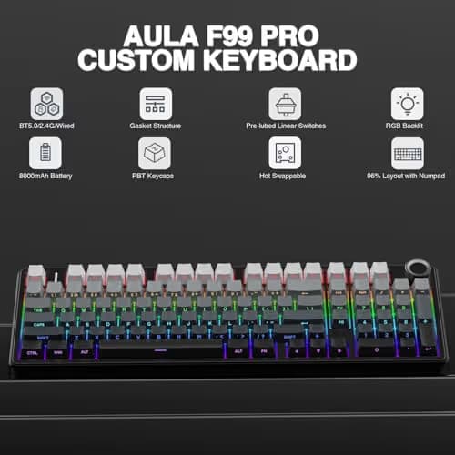 AULA F99 Pro Wireless Mechanical Keyboard with Knob,Gasket Structure,Tri-Mode BT5.0/USB-C/2.4GHz Hot Swappable Keyboard,Creamy Sound,RGB Backlit PBT Keycaps Computer Gaming Keyboards image