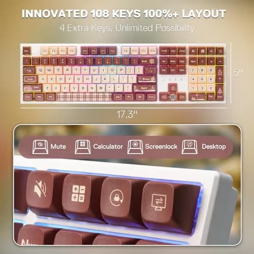 Redragon K668 Xmas Wired Gasket RGB Gaming Keyboard, 108 Keys Mechanical Keyboard w/Extra 4 Hotkeys, Upgraded Hot-swappable Socket, Sound Absorbing Foam, Christmas Gingerbread Man Themed Cute Keycaps image