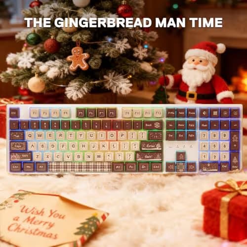 Redragon K668 Xmas Wired Gasket RGB Gaming Keyboard, 108 Keys Mechanical Keyboard w/Extra 4 Hotkeys, Upgraded Hot-swappable Socket, Sound Absorbing Foam, Christmas Gingerbread Man Themed Cute Keycaps image