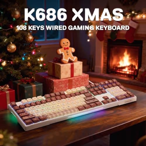 Redragon K668 Xmas Wired Gasket RGB Gaming Keyboard, 108 Keys Mechanical Keyboard w/Extra 4 Hotkeys, Upgraded Hot-swappable Socket, Sound Absorbing Foam, Christmas Gingerbread Man Themed Cute Keycaps image