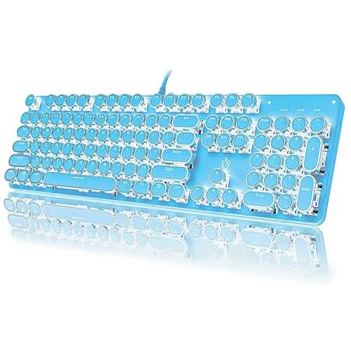 YSCP Typewriter Style Mechanical Gaming Keyboard White Backlit Wired with Blue Switch Retro Round Keycap 104 Keys Keyboard (Blue) image