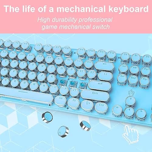 YSCP Typewriter Style Mechanical Gaming Keyboard White Backlit Wired with Blue Switch Retro Round Keycap 104 Keys Keyboard (Blue) image