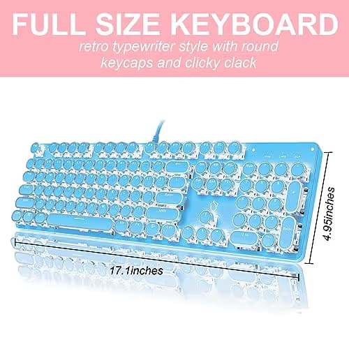 YSCP Typewriter Style Mechanical Gaming Keyboard White Backlit Wired with Blue Switch Retro Round Keycap 104 Keys Keyboard (Blue) image