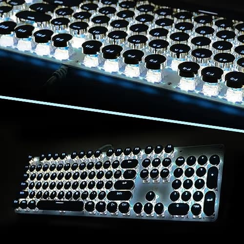 YSCP Typewriter Style Mechanical Gaming Keyboard White Backlit Wired with Blue Switch Retro Round Keycap 104 Keys Keyboard (Blue) image