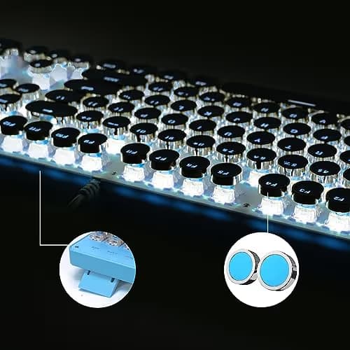 YSCP Typewriter Style Mechanical Gaming Keyboard White Backlit Wired with Blue Switch Retro Round Keycap 104 Keys Keyboard (Blue) image